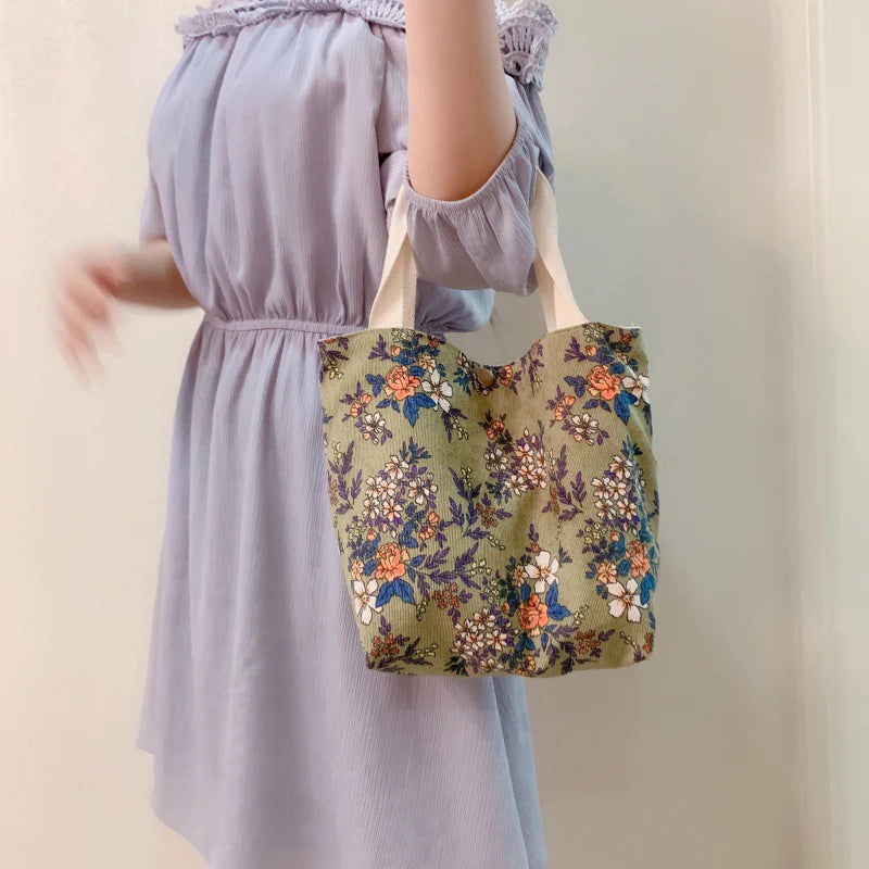 Vintage Artistic Floral Corduroy Bag